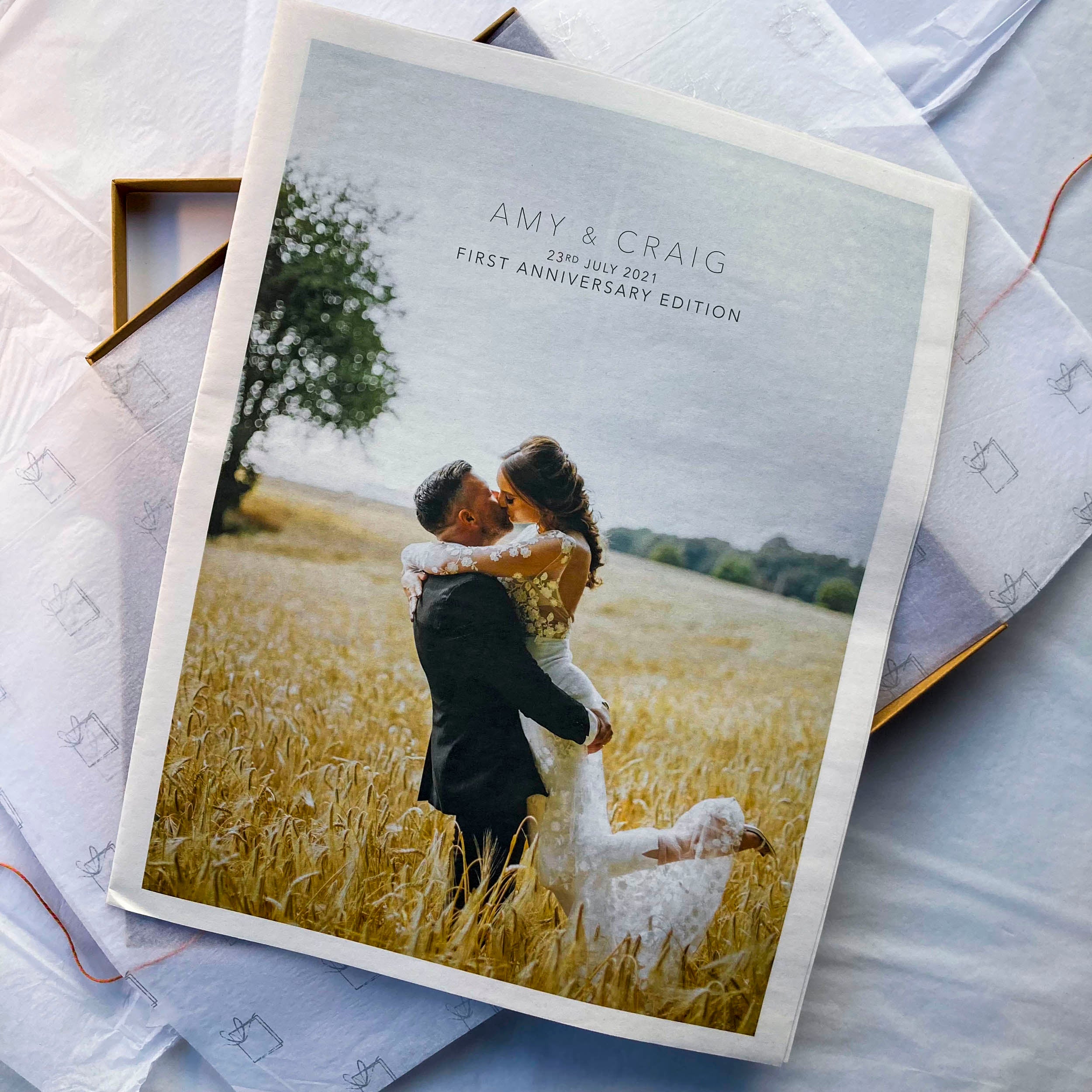 Custom made newspaper made to celebrate your first 'paper' wedding anniversary