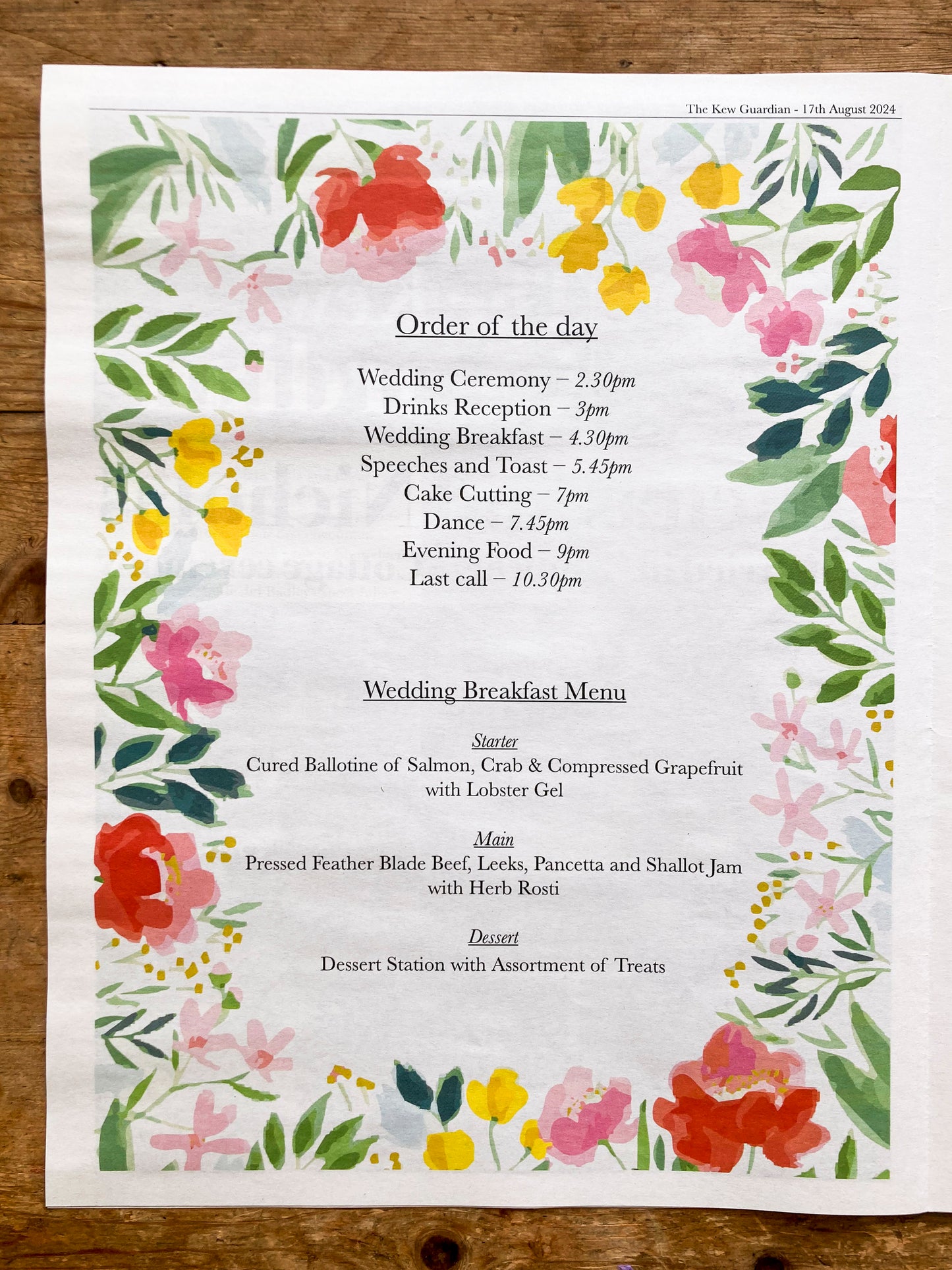 Bespoke Wedding Day Newspaper - Order of Service & Keepsake